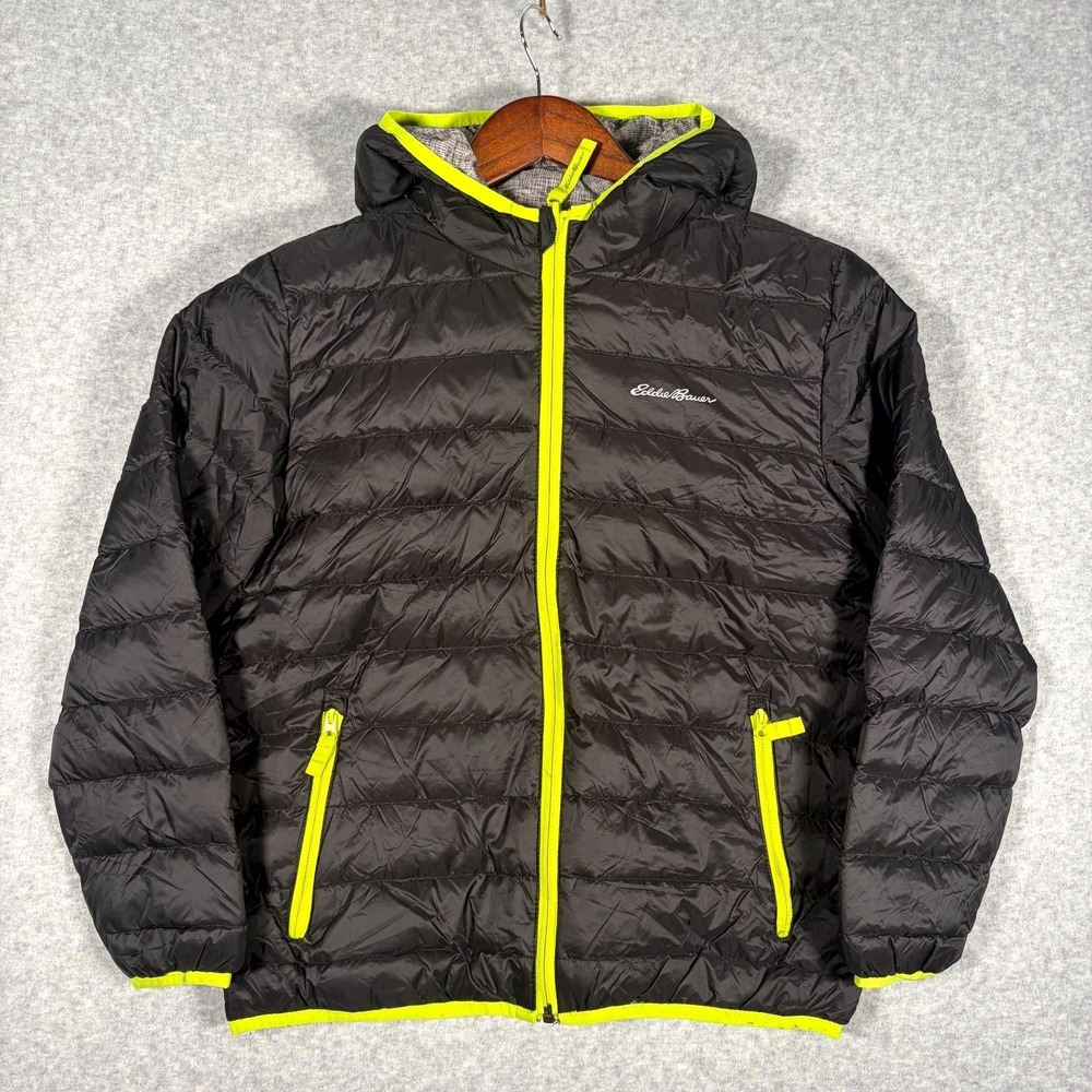 Eddie Bauer Puffer Jacket Kids M (10/12) Black Nylon Hiking Reversible Hooded